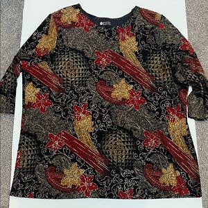 Maggie Barnes 3/4 Sleeve Tunic with gold embellishment throughout-made in USA